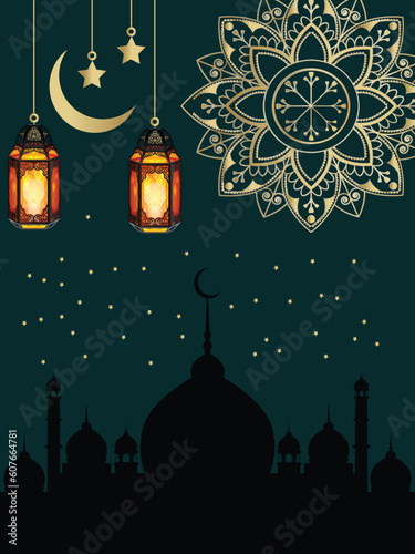 Ramadan kareem, Eid Mubarak Vector Illustration. Suitable for greeting card, poster and banner. Islamic lantern on moon and stars background. Vector illustration.