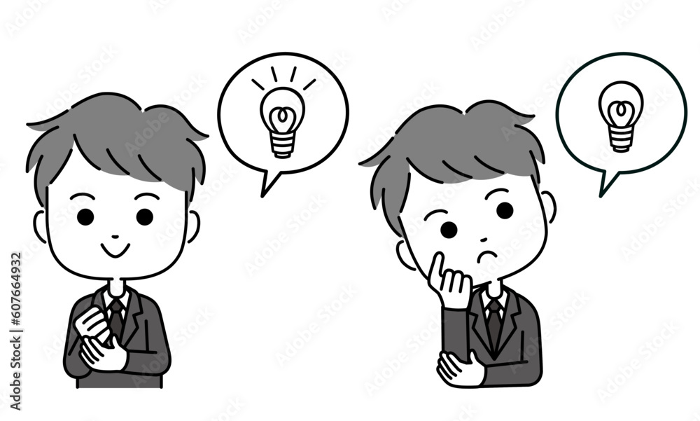 吹き出し付きのスーツ姿の男性のひらめき表現イラスト　モノクロ