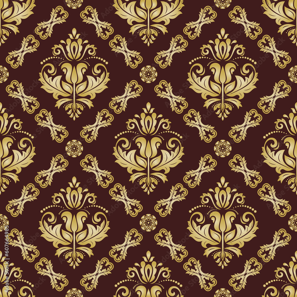 Classic seamless pattern. Damask orient ornament. Classic vintage background. Orient brown and golden ornament for fabric, wallpaper and packaging