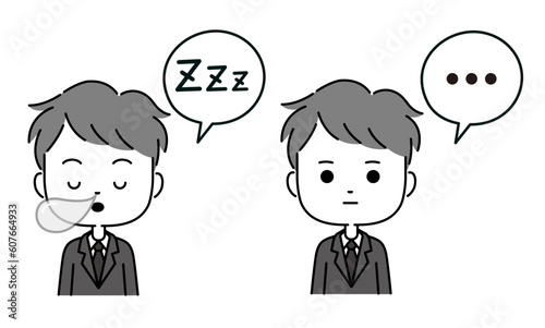 吹き出し付きのスーツ姿の男性の睡眠と沈黙の表現イラスト　モノクロ
