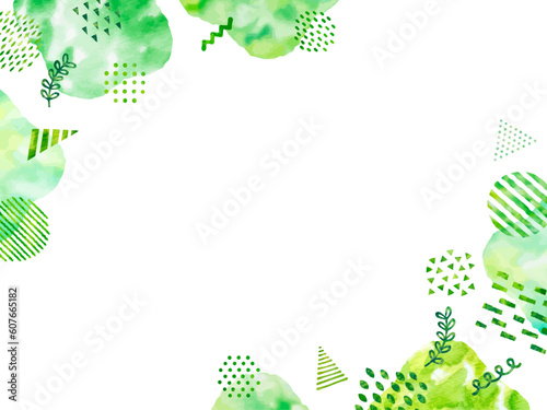手書き風の緑色の植物と抽象的な模様のフレーム