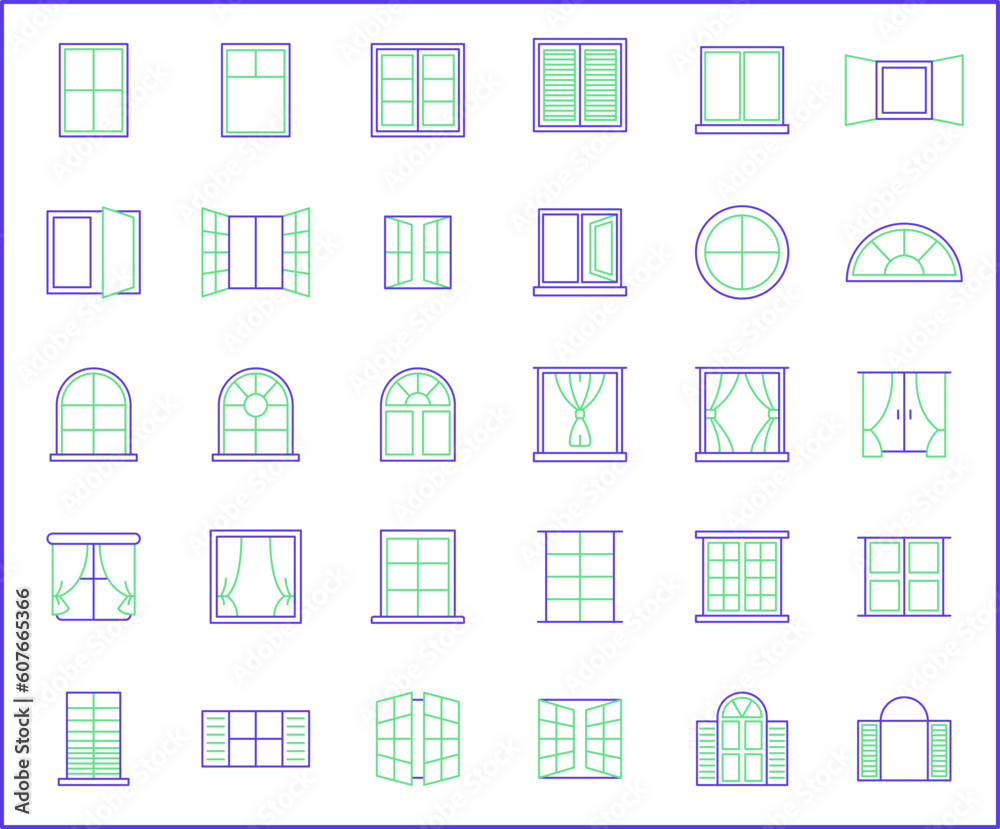 Fototapeta premium Simple Set of window Related Vector Line Icons. Vector collection of open, close, curtain, French door, glass and design elements symbols or logo element.