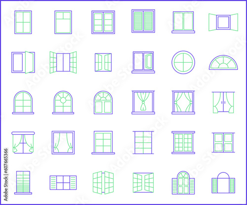 Simple Set of window Related Vector Line Icons. Vector collection of open, close, curtain, French door, glass and design elements symbols or logo element. © yoojin