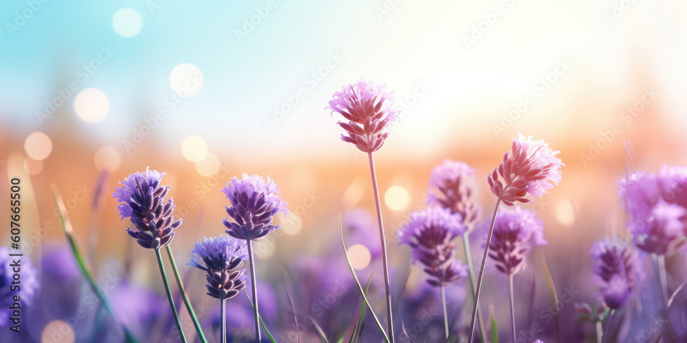 Obraz premium Lavender flowers in the field, blurred background. Beautiful Floral background for greeting card for Mother's day, Birthday, Womens day, Wedding. Generative ai illustration