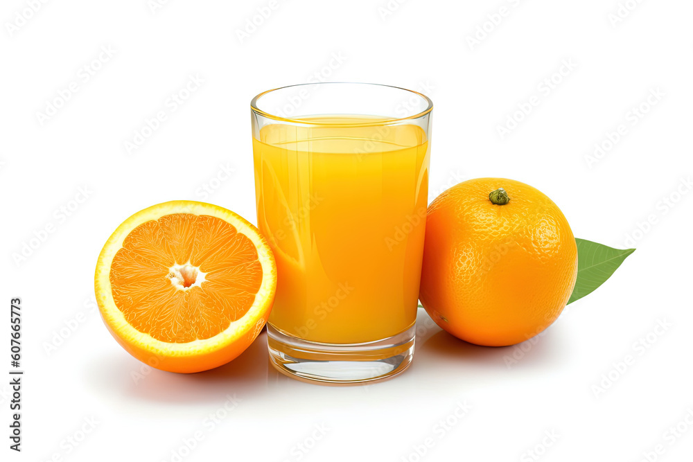 A glass of orange juice with sliced orange isolated on white background. Created with Generative AI Technology A glass of orange juice with sliced orange isolated on white background. Created with Generative AI Technology
