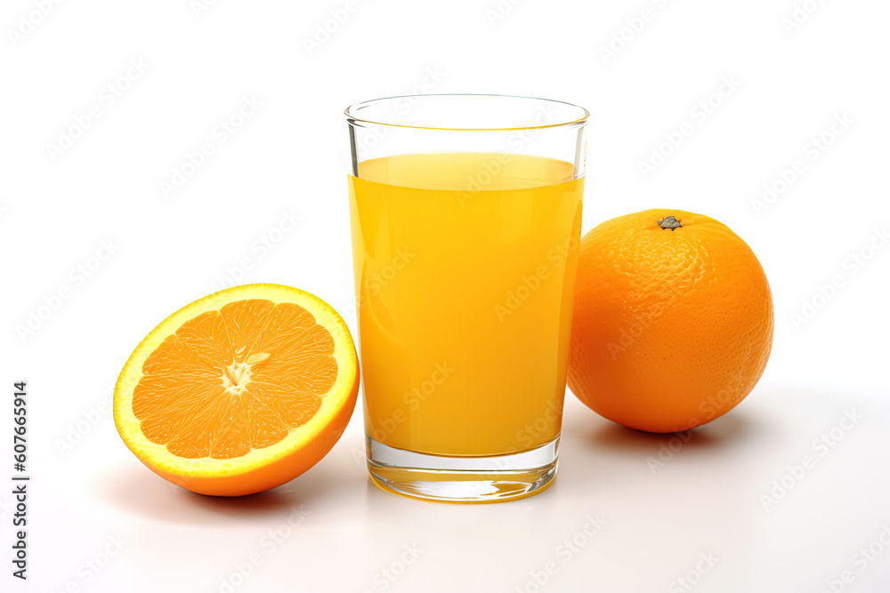 A glass of orange juice with sliced orange isolated on white background. Created with Generative AI Technology A glass of orange juice with sliced orange isolated on white background. Created with Generative AI Technology