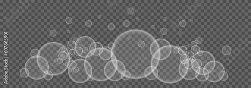 Soap foam and bubbles on transparent background. Abstract foam, water bubbles, isolated on transparent background. Vector illustration
