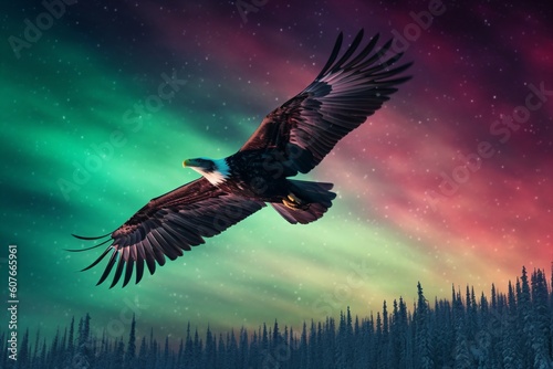 bald eagle flies through the night created with Generative AI technology