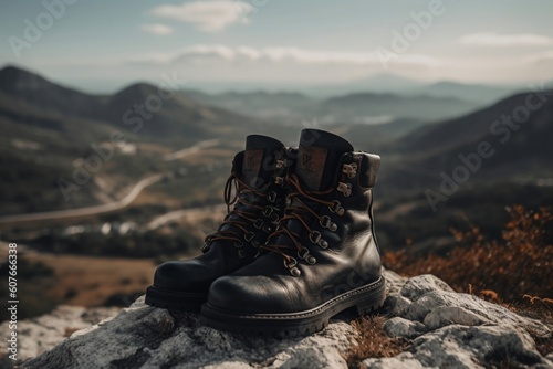 brown leather hiking boots on a stone created with Generative AI technology