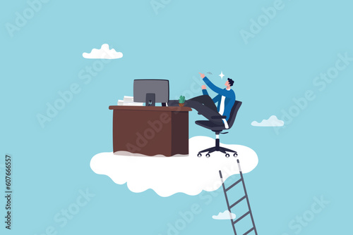 Dream job or ideal work, perfect workplace or career success, opportunity for best job, promotion or aspiration concept, success businessman working dream job on his desk on the cloud with ladder.