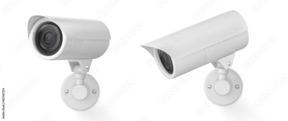 Realistic set of 3D CCTV cameras isolated on white background. Vector illustration of video cam. Modern equipment for home, office, enterprise, business security protection, crime prevention, spy tool Realistic set of 3D CCTV cameras isolated on white background. Vector illustration of video cam. Modern equipment for home, office, enterprise, business security protection, crime prevention, spy tool