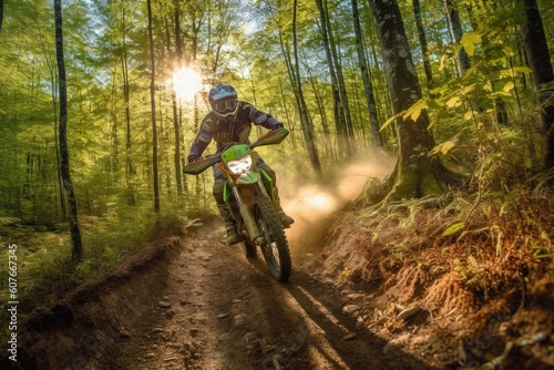 Extreme Sports in Nature:a person riding a green motorcycle in the forest. Generative AI. 