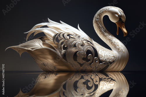 Fototapeta Naklejka Na Ścianę i Meble -  The white swan statue is made of shiny silver material on a dark background. Wildlife animals. Illustration. Generative AI.