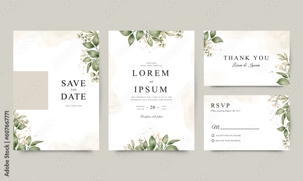 Wedding invitation template set with elegant watercolor floral