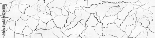Realistic cracks on dry paint surface on transparent background. Vector illustration of weathered wall, antique building facade banner, abstract damaged coating, grungy texture, worn enamel