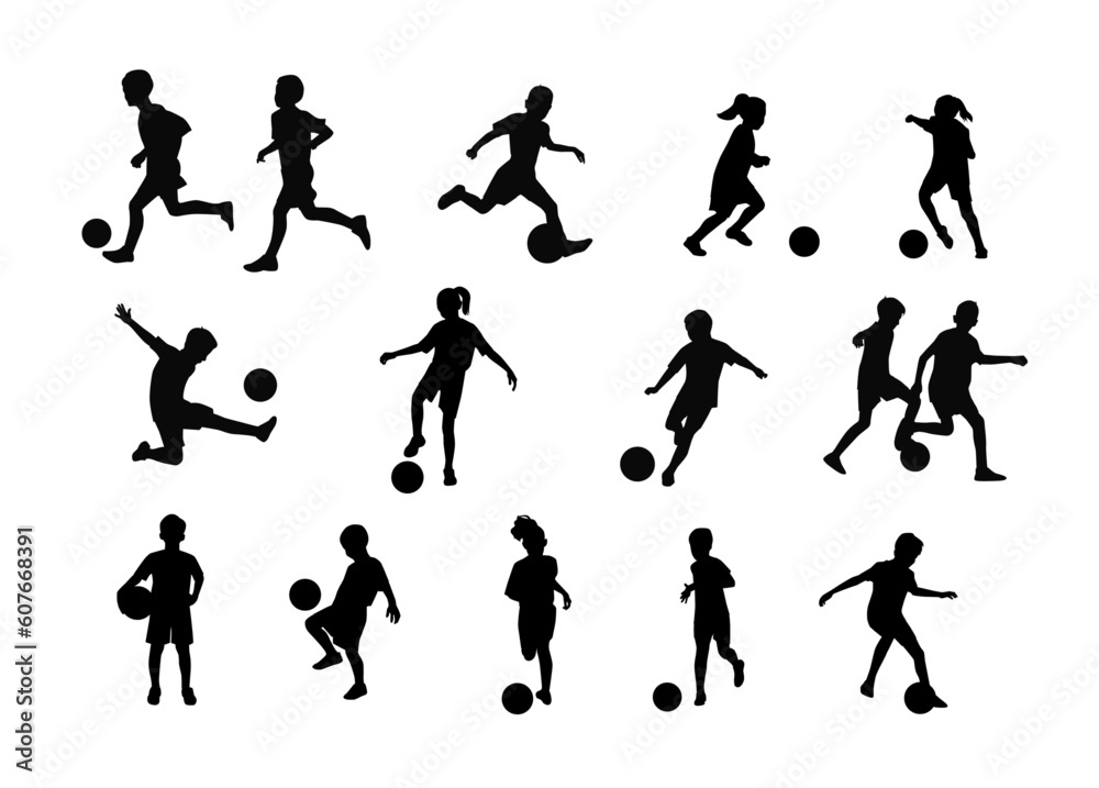 Kids playing soccer silhouettes