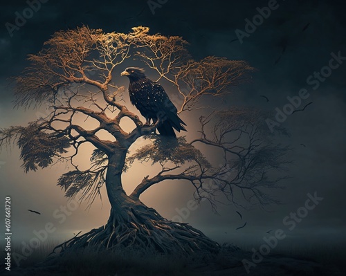 big black bird on the branch of a bare tree created with Generative AI technology