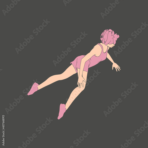 Lying woman. Sport girl illustration. Casual sportwear - t-shirt, breeches and sneakers. Young woman wearing workout clothes. Sport fashion girl outline in urban casual style.