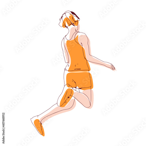 Jumping beautiful woman. Sport girl illustration. Young woman wearing workout clothes. Sport fashion girl outline in urban casual style.