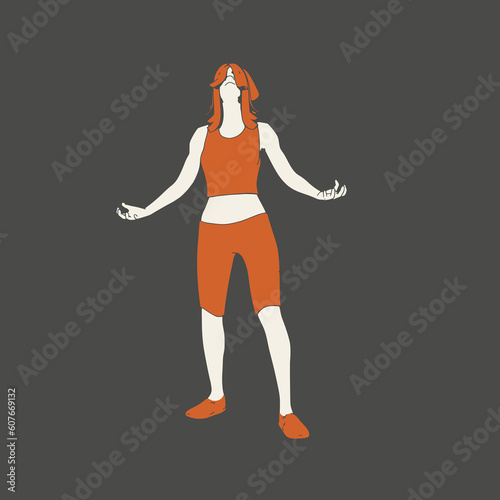 Woman standing in charming pose. Sport girl illustration. Casual sportwear - t-shirt, breeches and sneakers. Young woman wearing workout clothes. Sport fashion girl outline in urban casual style.