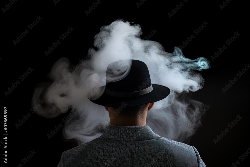 Smoke enveloped a man wearing a hat. Portrait of stylish man with smoke on dark background