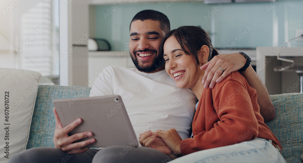 Tablet, couple and laughing on couch in home for social media, funny news and online meme. Happy man, woman and relax with digital technology, subscription and streaming comedy on network connection Tablet, couple and laughing on couch in home for social media, funny news and online meme. Happy man, woman and relax with digital technology, subscription and streaming comedy on network connection