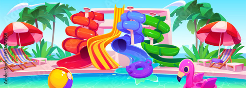 Aqua park with water slide summer vector cartoon illustration. Swimming pool in waterpark for family amusement. Inflatable lifebuoy and plastic screw pipeline outdoor entertainment near palm tree