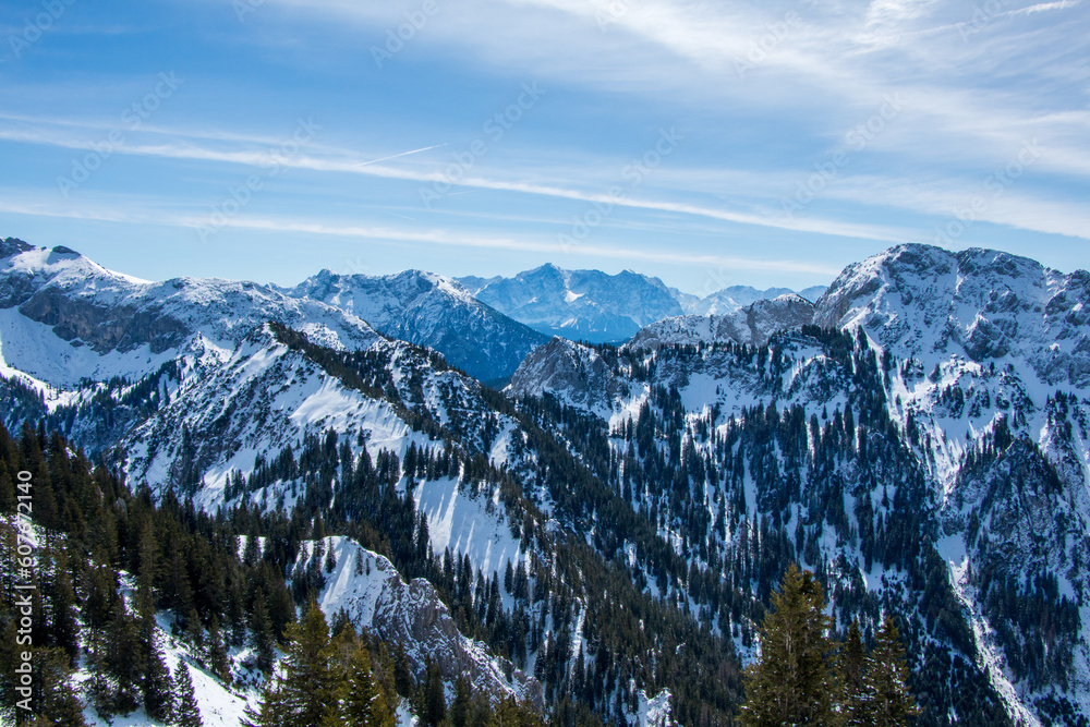 Stunning vew of snow-covered mountain peaks in the German and Austrian Alps in winter