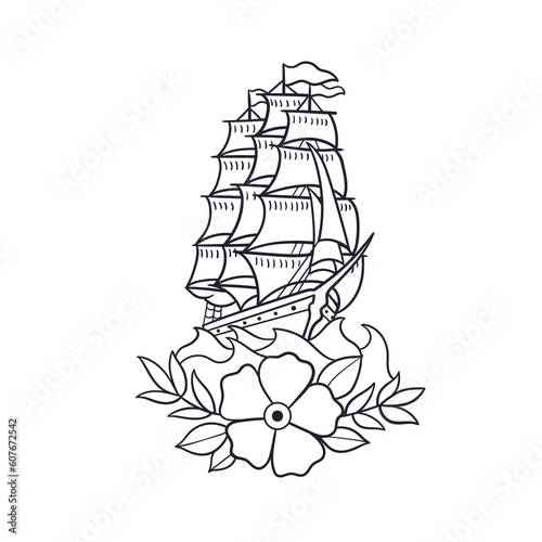 Hand drawn illustration of a pirate ship outline