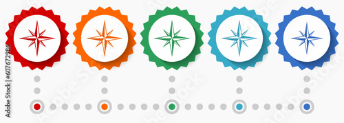 Compass vector icon set, colorful infographic template, set of flat design badge icons in 5 color options