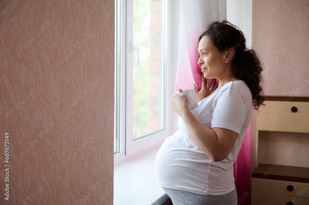 Beautiful pregnant woman future mother holds a cup of healthy tea, looking dreamily out the window at home, enjoying her pregnancy and maternity lifestyle. Motherhood. Expectation 40 week Trimester 3d Beautiful pregnant woman future mother holds a cup of healthy tea, looking dreamily out the window at home, enjoying her pregnancy and maternity lifestyle. Motherhood. Expectation 40 week Trimester 3d