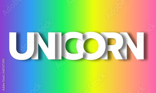 Unicorn- Big Lettering with 3d Shadow Effect, Word Unicorn over rainbow background