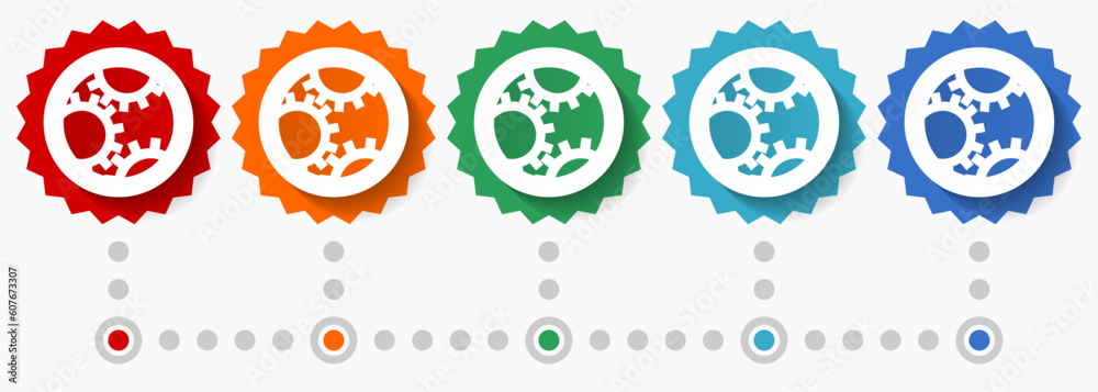 Obraz premium Gear vector icon set, colorful infographic template, set of flat design badge icons in 5 color options
