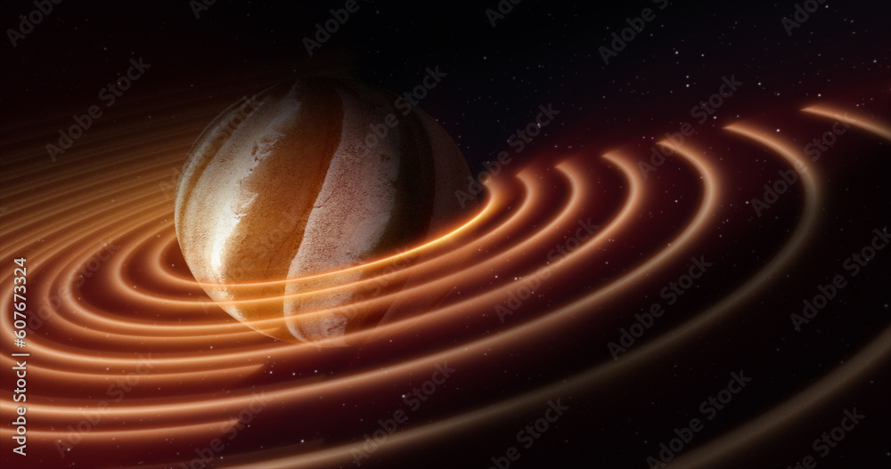 Abstract yellow brown space planet with a round asteroid belt ring futuristic hi-tech on the background of stars in open space Abstract yellow brown space planet with a round asteroid belt ring futuristic hi-tech on the background of stars in open space