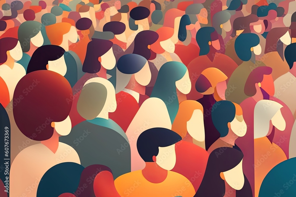 Obraz premium Spectrum Scrummage: A Retro-Styled Crowd in Afternoon Hues of Warm Light