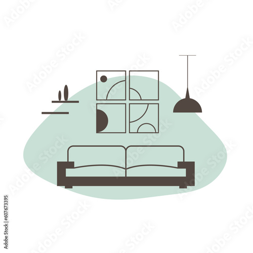Living room interior with sofa. Furniture vector icon. Flat design