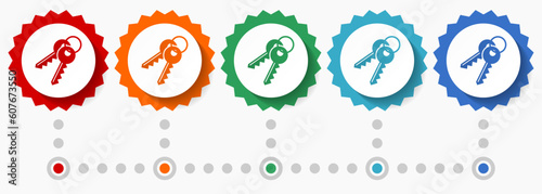 Keys vector icon set, colorful infographic template, set of flat design badge icons in 5 color options