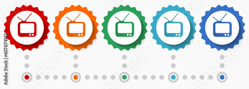Tv vector icon set, colorful infographic template, set of flat design badge icons in 5 color options