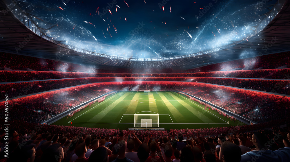 Football Stadium 3d rendering soccer stadium with crowded field arena