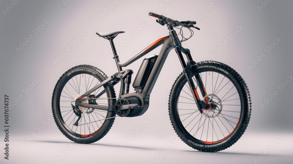Modern black bicycle with and electric motor on white background with Ai Generated