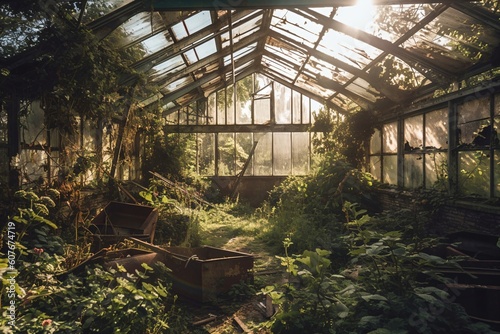 overgrown glass greenhouse created with Generative AI technology