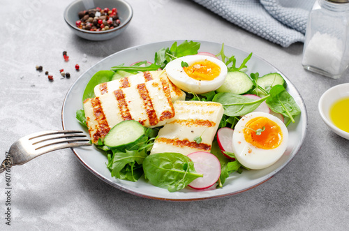 Healthy Ketogenic Paleo Meal, Grilled Halloumi with Lettuce, Radish, Cucumber, and Boiled Egg, Detox, Diet Lunch