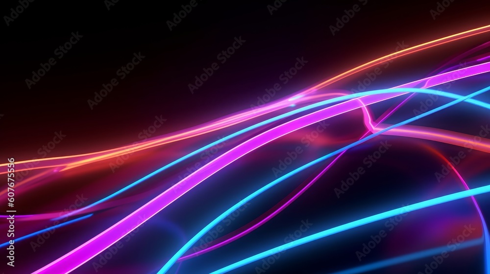 3d render, abstract black background with pink blue neon lines glowing ...