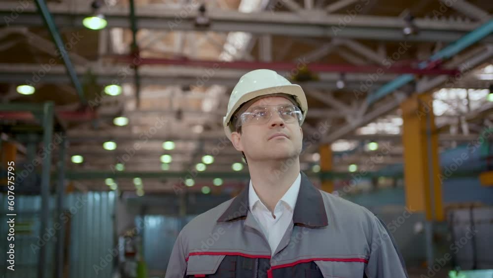 Portrait Worker caucasian engineer man employee controls production process walking factory, Professional Heavy Industry Engineer Wearing Safety Uniform and Hard Hat in Metal Construction Manufacture Portrait Worker caucasian engineer man employee controls production process walking factory, Professional Heavy Industry Engineer Wearing Safety Uniform and Hard Hat in Metal Construction Manufacture