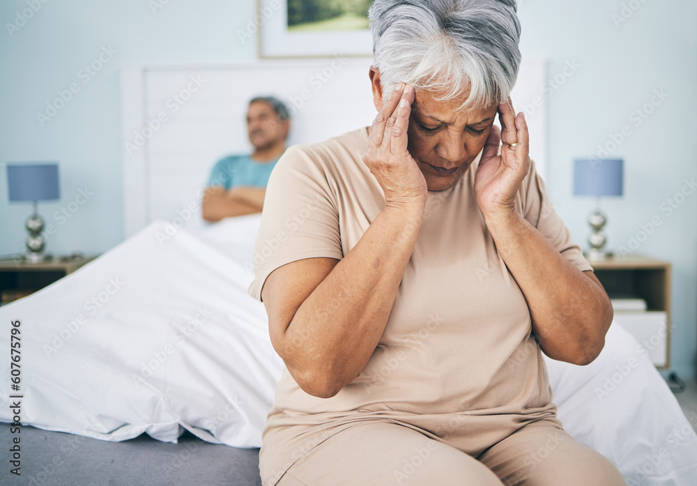 Senior couple, bedroom and fight with a headache, retirement and relationship issue with pain, home and argument. Partners, mature man and elderly woman with a migraine, bed and angry with fatigue Senior couple, bedroom and fight with a headache, retirement and relationship issue with pain, home and argument. Partners, mature man and elderly woman with a migraine, bed and angry with fatigue