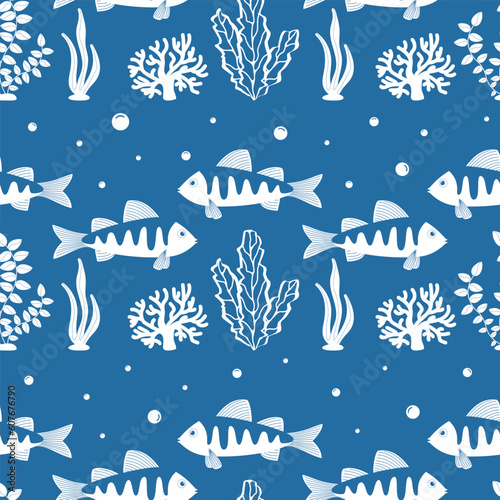 Fototapeta Naklejka Na Ścianę i Meble -  Vector seamless pattern on a blue background. Fish and algae in cartoon style. Summer, beach.