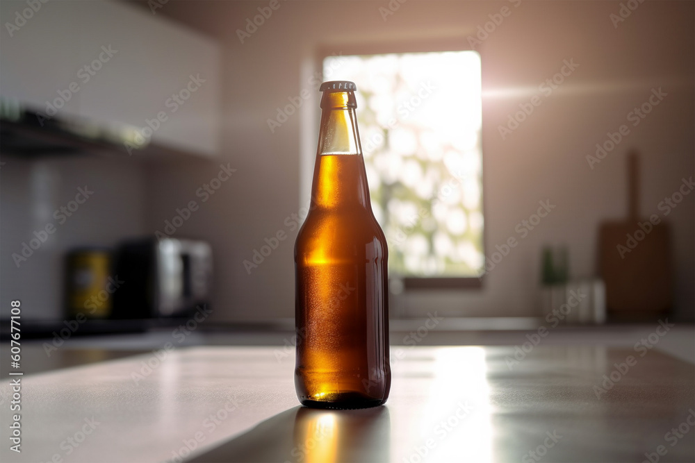Beer bottle on kitchen table. Generative AI illustration