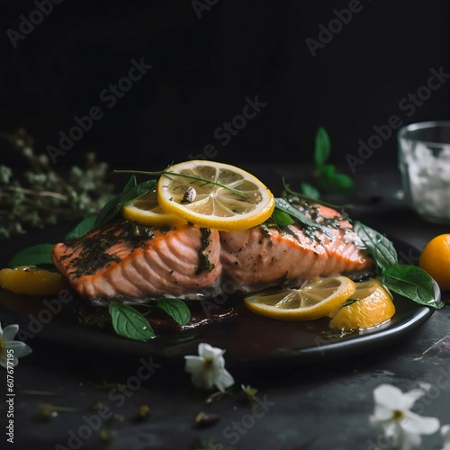 Grilled Salmon with Lemon and Herb, A minimalist, professional photograph of grilled salmon with a soft focus. Generative Ai