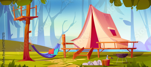 Camp tent near pond in forest vector background. Cartoon adventure illustration with tree silhouette, ax and hammock to rest in hiking holiday. Grill picnic recreation in summer wild hill expedition