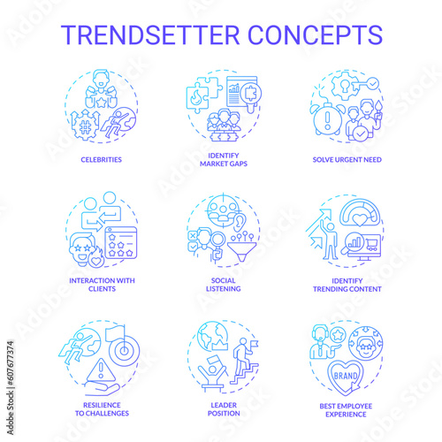 Trendsetter blue gradient concept icons set. Social media. New approach. Predictive analytics. Marketing strategy. Innovative idea. Trend setter idea thin line color illustrations. Isolated symbols